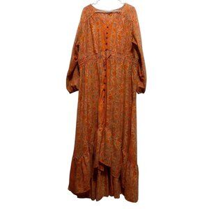 Anthropologie Boemo Floral Maxi Dress Size 3X Orange Ballon Sleeves Boho Peasant